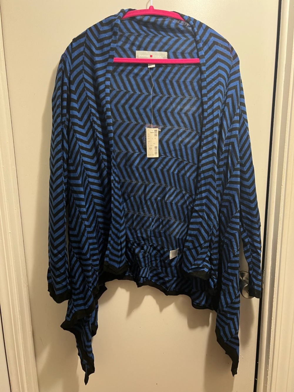 Avenue Black and Blue Chevron Open-Front Cardigan